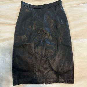 Vtg Genuine Leather Black A line Midi Skirt